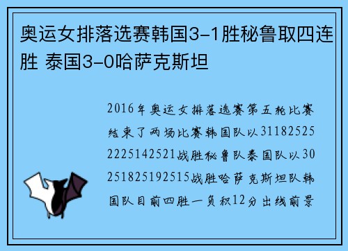 奥运女排落选赛韩国3-1胜秘鲁取四连胜 泰国3-0哈萨克斯坦
